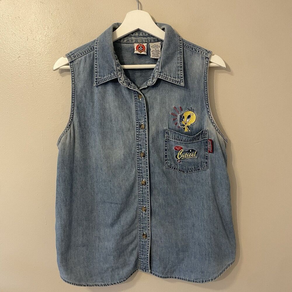 Vintage Looney Tunes Denim Tweety Bird Shirt 100% Cotton Size Large Y2K